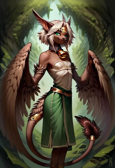 [Palagiri]:0.5
1 person, solo, androgynous, flat chest, anthro, ((tail, prehensile tail, feathers at tip of tail, y-shaped tail feathers)):1.4, ((wingarms, winged arms)), feline face, feline nose, feline ears, long tail, large wings, ((wings folded close to body)), 
1girl, Aishaxl, green eyes, messy hair, white hair, single braid, circlet, collar, neck bell, white crop-top, brown legs, green loincloth, bare shoulders, anklet,
((smug expression, grinning)),
((Brown tail)):1.2, 
 close up, upper body focus, side view,
Style: advntr, 4byss,
((cavern background, wall hangings, organic chamber, soft light, luminous moss)),
detailed face, detailed feathers, detailed wings, good lighting, semi-realistic, rating: pg, score: 8 up, score: 9