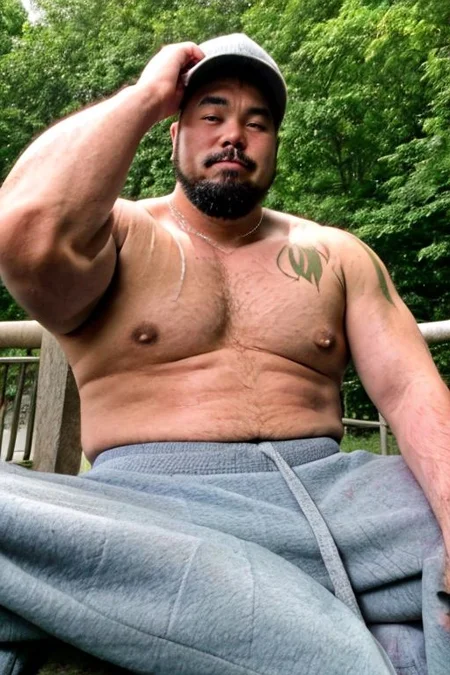 30 year old man, handsome, muscular chubby, japanbearkong sitting in park, handsome, stubble, goatee, shirtless, hairy chest, grey sweat pants, baseball cap, tattoo on left arm