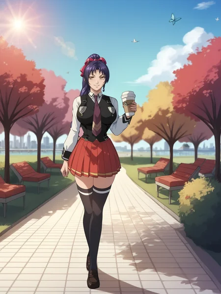score_9, score_8_up, score_7_up, score_6_up, uncensored, depth of field, sidelighting, lens flare, shiny, shadow, bloom, BREAK
Kozono Nami, 1girl, solo, walking, holding coffee cup, disposable cup, 
looking at viewer, smirk, parted lips, 
yellow eyes, long hair, purple hair, high ponytail, hair ribbon,
school uniform, long sleeves, (vest:1.1), suspenders, red necktie, black thighhighs, pleated skirt, loafers, 
curvy, large breasts, 
outside, park, city, day, fountain, birds, butterfly, tree, celebration, market, fair, balloon, 
 <lora:Kozono Nami3216PDXL:1>