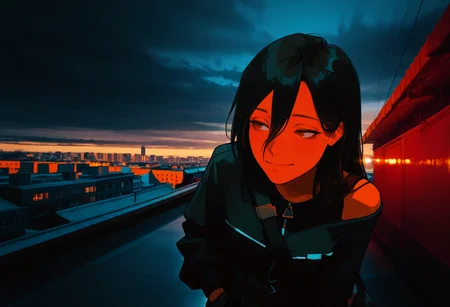 cityscape shot with  <lora:lif:1>lifmfl, 1girl, solo, black hair, thighhighs, long hair, smile, shorts, black thighhighs, bag, black shorts, hair between eyes, red eyes, brown eyes, off shoulder, dress, hand in pocket,
detailed backgroud,foreshortening,blurry edges, soft lighting, intricate details , depth of field, foreshortening,(masterpiece, best quality), safe, amazing quality, very aesthetic, absurdres, highres, newest,  <lora:nhl-001:0.8> nhl-001, limited palette, realistic, photo background, full body, roof,
black hair, cloud, cloudy sky, black jacket, long hair, female focus, moonlight, night, night sky, outdoors, planet, sky, solo, star \(sky\), striped, striped pants, track jacket, upper body,  ebenya, building, city, rainy day in a small Russian town <lora:ebenya:0.8> Ebenya <lora:DarkerThanBlackIllustrious:0.9>. Urban, skyline, architectural, dynamic
