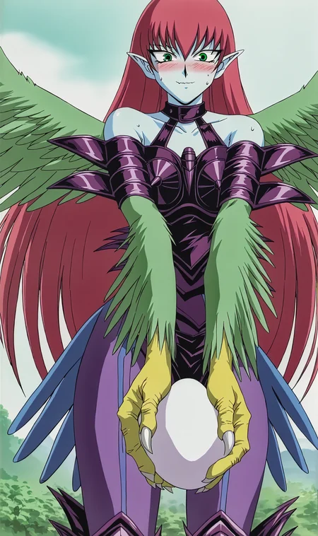 HL, 1girl, solo, retro artstyle, pink hair, long hair, green eyes, harpy, winged arms, green wings, purple armor, purple tights, holding giant egg, arms toward viewer, blushing, surprised, looking at viewer, sweating, wavy mouth, smile, outdoors,<lora:Harpie Lady Pony XL:0.8>