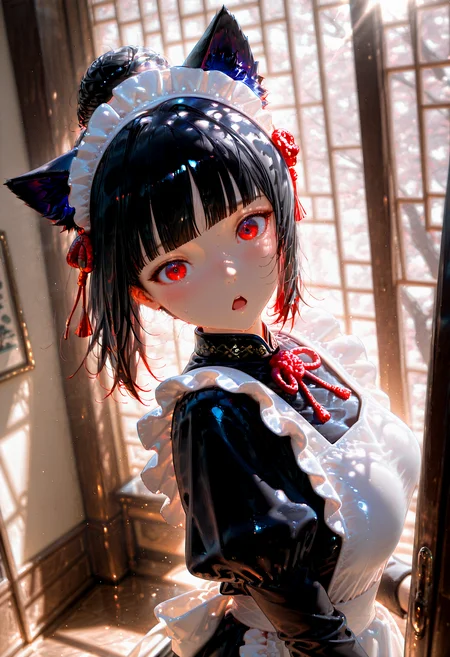 HDR, 8K, high contrast, masterpiece, best quality, amazing quality, very aesthetic, superabsurd res, high resolution, ultra-detailed, absurdres, newest, scenery, (horikoshi kouhei:0.3), (quasarcake:0.3), (wlop:0.3), lightrays, chiaroscuro, dynamic angle, solo, extremely_beautiful_detailed_anime_face, studio lighting, 1girl, black hair,single hair bun, blunt bangs, red eyes,depth of field,classic maid outfit, white pantyhose, cat ears, embarrassed,light blush,view from the side,Triangle mouth ,open mouth,round eyes,looking at viewer,upper body,confusion, shock,surprise, 748cmstyle, sunlight, sunbeam, dappled sunlight, crack of light, backlighting, partially illuminated, Intricately designed, Mysterious Shadows, BREAK, photorealistic, beautiful detailed eyes, detailed skin, detailed hair, volumetric lighting, dappled light, light particles, dramatic shadows, cinematic lighting, photo background, depth of field, <lora:ponyxl\cfg_scale_boost:0.7> <lora:IL\unitynaystyle:1>