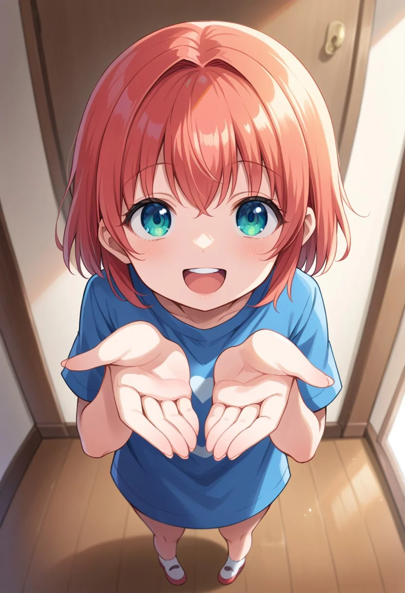 score_9, 1girl, from above, smile, :D, open mouth, pijama, upper teeth only, looking at viewer, cute, cupping hands, outstretched arms, solo, standing, focus, own hands together, living room,
