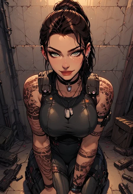 Score_9, Score8_up, Score_7_up, (((High Resolution, Best Quality))), 
1girl, solo, toned arms, sleeveless, Covered in Tattoos, neck tattoos, hair tied up, 
futuristic, futuristic armor, lights on bodysuit, armored suit, body armor, armor, plated armor, revealing bodysuit, tight bodysuit, tactical, military gear, large breasts, choker, dog tags, ear piece, 
seducing, seductive, flirty, tender, loving, playful, looking at viewer, smug, 
Sitting on ground, leaning against wall, relaxed, leaning back, arm resting on knees, arm on knee,
inside, Military, military base, military barracks, cots, crates, military boxes, guns, bullets, supplies, armory,