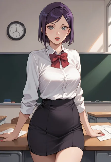score_9, score_8, score_7, score_6, source_hentai,high quality, highly detailed digital-painting,
milf body, medium breasts, grey eyes, small nose, red lips, long eyelashes, dark purple hair big topknot single-bun,
wearing teacher outfit, white shirt long sleeves, bow-tie, straight-skirt,
desk, indoor background,
top view, half body shot, crotch, open mouth, standing pose, wavin,
(fujii natsuki, short hair, sidelocks, asymmetrical sidelocks, hairclip)