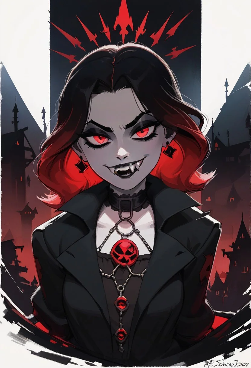 score_9, score_8_up, score_8_up, sexy woman, vampires, intricate outfit, bobcat hairstyle, black coat, fangs, smug, gothic atmosphere, crows, dark castle, outdoors, black colors, red colors, detailed background, simple shadows, flat coloring, flat shadows, thick lines, white outline,