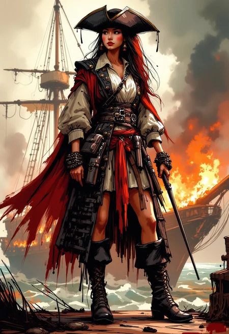 inksketch,  portrait of a stunning chinese pirate woman, tricorne hat, bandana, holding flintlock musket, standing on deck of burning ship
