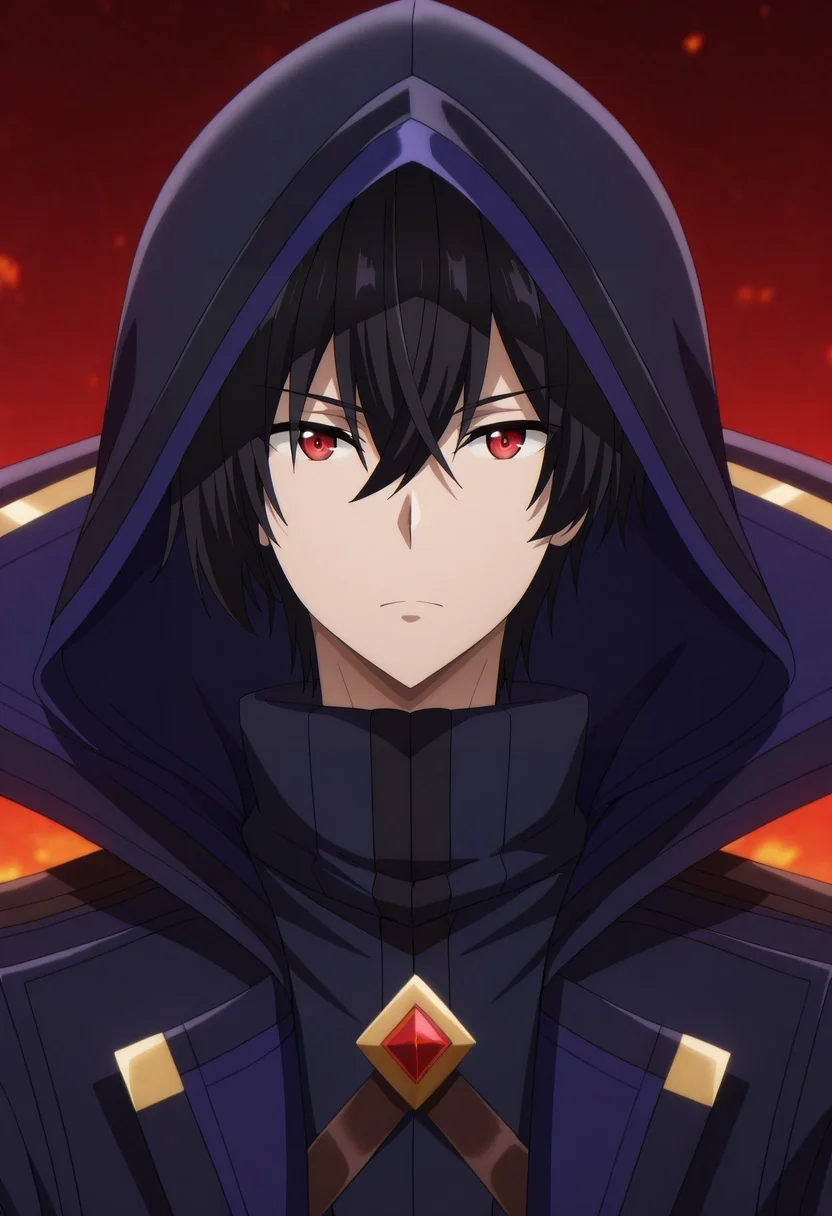 masterpiece, best quality, , anime screencap, , , looking at viewer, 1boy, solo, male focus, <lora:cid_kagenou_ilxl:0.98>, cid_kagenou, black hair, short hair, hair between eyes, bangs, red eyes, cloak, hood, hood up,