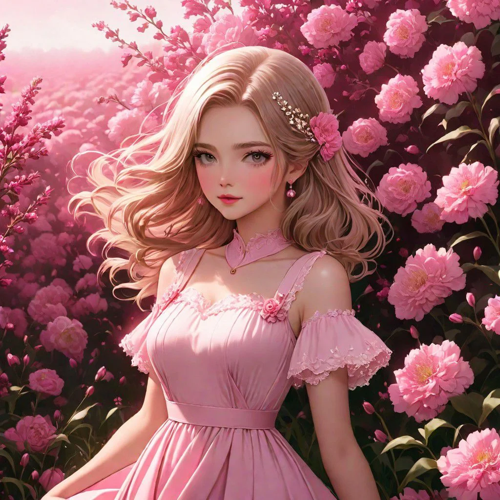Anime style maiden wearing soft pink dress in a field of dark pink flowers, floralcore, pink aesthetic, intricate background, hyperdetailed, photorealistic, dynamic lighting, inspired by pinterest art
