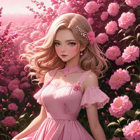 Anime style maiden wearing soft pink dress in a field of dark pink flowers, floralcore, pink aesthetic, intricate background, hyperdetailed, photorealistic, dynamic lighting, inspired by pinterest art