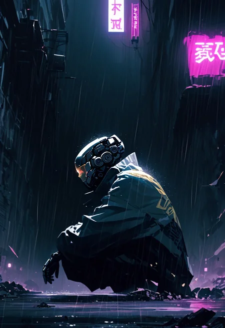 score_9,score_8_up,score_7_up, color charcoal drawing, Cyberpunk Techpriest kneeling in a neon-lit alley, repairing a damaged machine. flowing robes with glowing Islamic geometric patterns and intricate Arabic calligraphy. Mechanical arms and tools extend from their back, glowing softly. A futuristic mask with intricate designs covers their face. Rain reflects bright green, blue, and purple neon lights from signs and scattered debris, creating a gritty yet serene atmosphere. sinozick style, flat color, dark theme, anime, cyberpunk