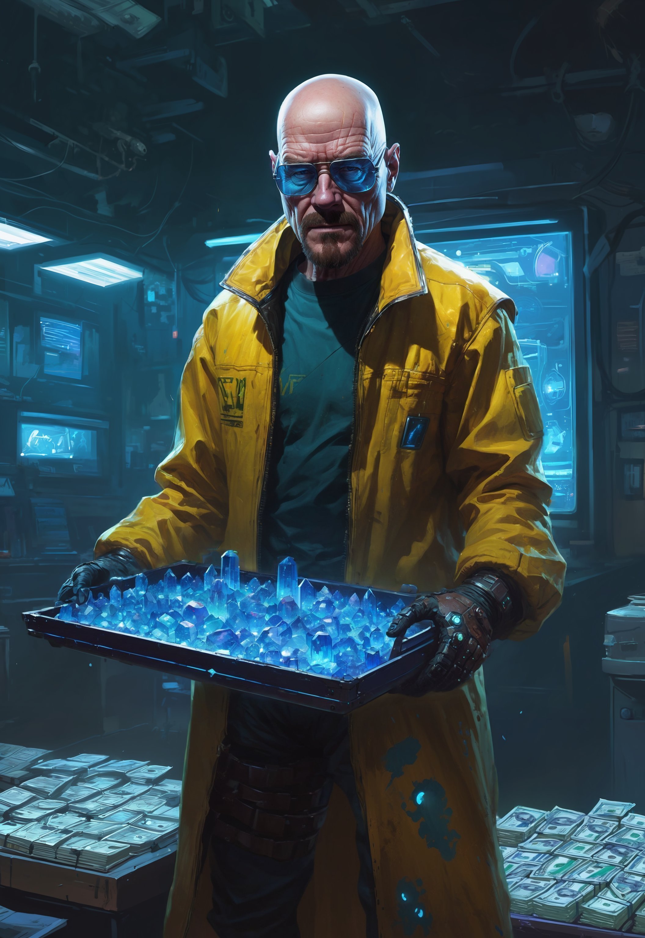 (best quality) detailed, full body portrait front view
Walter White as robo cyberpunk Heisenberg chemical mask on face, (holding a tray:1.2) of blue crystals (blue crystals:1.2) (sun glasses:1.6), (yellow neon clothes:1.2) intricate cyber LED boots, stacks of (100 dollar bills:1.3) chemical laboratory on bg
in cyberpunk 2077 style, extreme low angle, art by Ismail Inceoglu <lora:cyborg_style_xl-alpha:0.5> <lora:add-detail-xl:1.3> <lora:JuggerCineXL2:1>