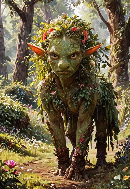 elf flora  <lora:fantasy_world_pony:1> creature, monster, score_9, score_8_up, score_7_up, masterpiece , detailed , well drawn