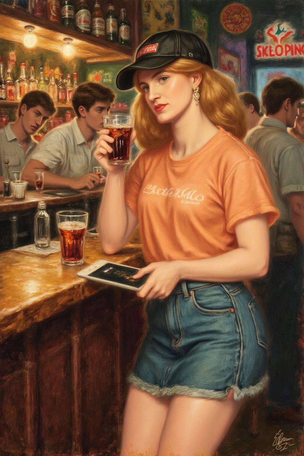 dgr painting.
The air buzzes with the energy of a busy bar, a mix of music, conversation, and the clinking of glasses. A barmaid, the embodiment of youthful vibrancy, navigates the lively scene. She wears a peach-coloured T-shirt, the soft fabric contrasting with the smooth, cold glass of coke she carries on a small tablet. Her short skirt adds a playful touch, and a backwards baseball cap hints at a carefree attitude. The setting and atmosphere are palpable: the warm, slightly sticky surface of the bar counter under her fingertips, the dim, colourful lighting that casts playful shadows. Sensory details are abundant: the condensation forming on the glass of coke, the texture of her denim skirt, and the way the bar lights catch the highlights in her hair. Her confident stride, her quick smile, and her efficient movements. Stylistically, the image draws inspiration from the vibrant, candid shots of nightlife photographers, with a touch of the stylized realism found in contemporary illustration. There's a deliberate contrast between the barmaid's youthful energy and the slightly worn, lived-in atmosphere of the bar, creating a dynamic and engaging image.
  <lora:dgr1_cap_d6a3e8:1.0><lora:819490321684559516:0>