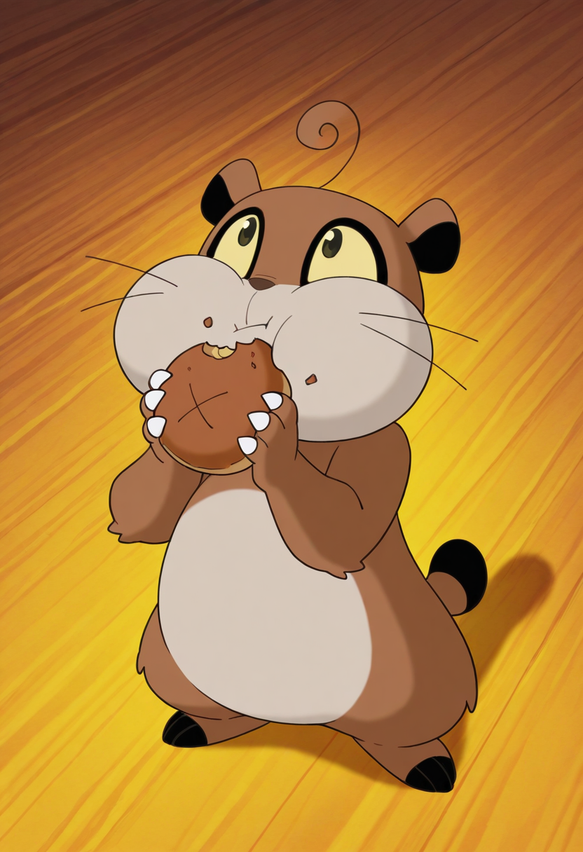 1other, animal focus, standing, looking up, holding food, bun \(food\), eating,
BREAK
xiaozhuxiong, creature, brown body, tan belly, black ears, black feet, short tail, black-tipped tail, puffy cheeks, yellow eyes, claws, whiskers, ahoge, anime screenshot, 
BREAK
best quality, masterpiece, very aesthetic, absurdres, highest detailed, very awa,  <lora:Xiaozhuxiong_from_The_Legend_Of_Nezha_v1.5:1>