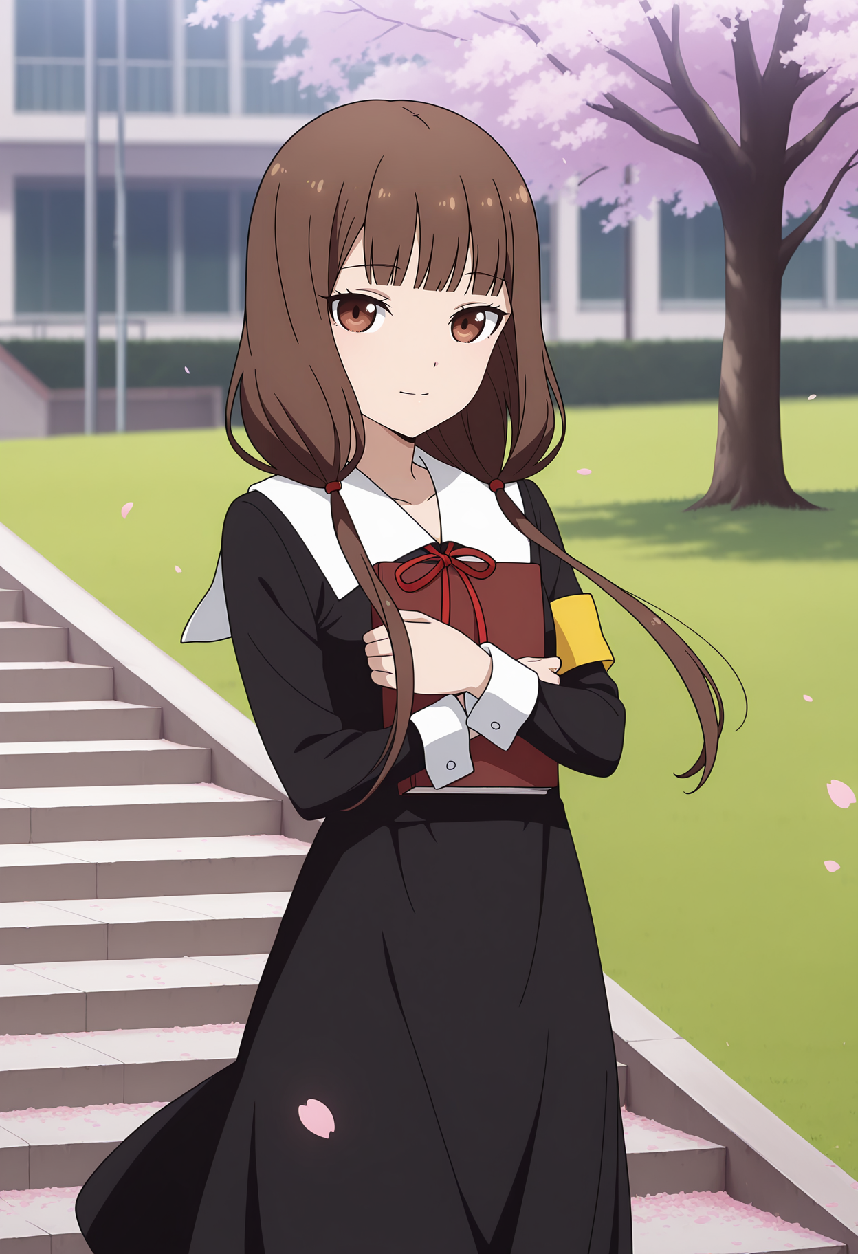 anime screencap, masterpiece, best quality,
<lora:Kaguya-samaWaKokurasetai_IinoMiko_IlluXL:0.9>,
1girl, solo, closed mouth, light smile,
low twintails, blunt bangs, long hair, brown hair, brown eyes, hair tie,
white collar, neck ribbon, red ribbon, medium dress, black dress, long sleeves, yellow armband,
hugging book,
floating clothes, wind,
standing, looking at viewer, cowboy shot,
cherry blossoms, falling petals, grass, tree, school, stairs, outdoors, photo background, blurry background