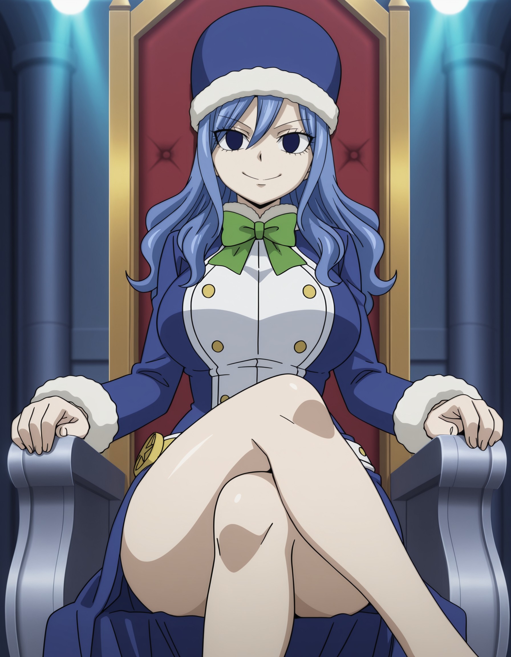 masterpiece, best quality, sitting on a throne, dynamic lights, relaxed posture, smile, legs crossed, sitting, 1girl, solo, juvia lockser, blue eyes, long hair, blue hair, wavy hair, hair between eyes, sidelocks, huge_breasts, curvy hips, shinny body, anime_coloring, anime_screencap, hat, fur hat, capelet, blue dress, long sleeves, belt, fur trim, <lora:19c973d8-ac99-4d1d-bb50-46951562a8e6:0.7>