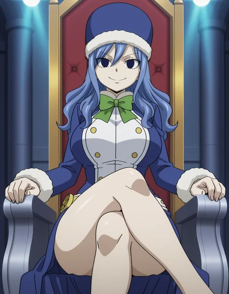 masterpiece, best quality, sitting on a throne, dynamic lights, relaxed posture, smile, legs crossed, sitting, 1girl, solo, juvia lockser, blue eyes, long hair, blue hair, wavy hair, hair between eyes, sidelocks, huge_breasts, curvy hips, shinny body, anime_coloring, anime_screencap, hat, fur hat, capelet, blue dress, long sleeves, belt, fur trim, <lora:19c973d8-ac99-4d1d-bb50-46951562a8e6:0.7>
