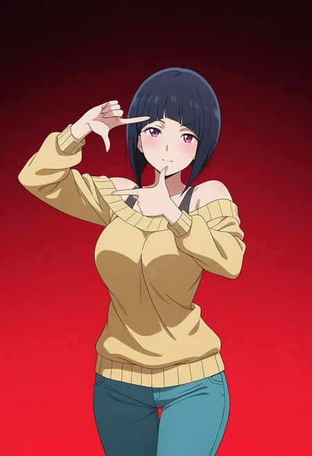 masterpiece, best quality, amazing quality, anime coloring, anime screencap, 1girl, mature female, inverted bob, black hair, blunt bangs, cowboy shot,  BREAK  simple background,  dynamic pose gradient background,  red  background  off-shoulder sweater,     finger frame,