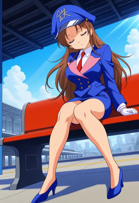 masterpiece, best quality, good quality, <lora:TetsuchanIL:1>, Tetsuchan, 1girl, brown hair, long hair, closed eyes, 
peaked cap, blue uniform, red necktie, white gloves, blue pencil skirt,
sitting, sleeping, head tilt, red bench, blue high heels, from below, ass visible through thighs, dutch angle,
BREAK blue sky, light rays, train station, cityscape, outdoors, cloud,