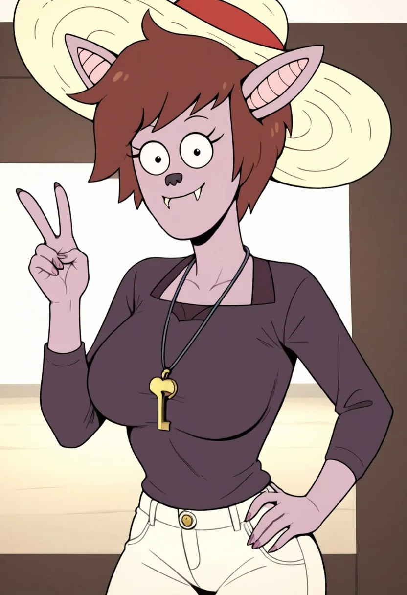 ((room background)),score_9, score_8_up, score_7_up,score_6_up,
1girl, solo, furry, anthro bat, Stef_RS, light lilac skin, reddish brown, short hair, long pointy bat ears, small black nose, visible bat fangs, purple gray long-sleeved fitted blouse, white tight pants, red sandals, pendant with a golden key, white beach hat, big eyes, cute, tall stature, social smile, perfect eyes, perfect smile, looking at the viewer, detailed eyes, perfect eyes, standing, big breasts (front pose, bust shot) five fingers, perfect hands, (hand on hip, hand up, v sign)