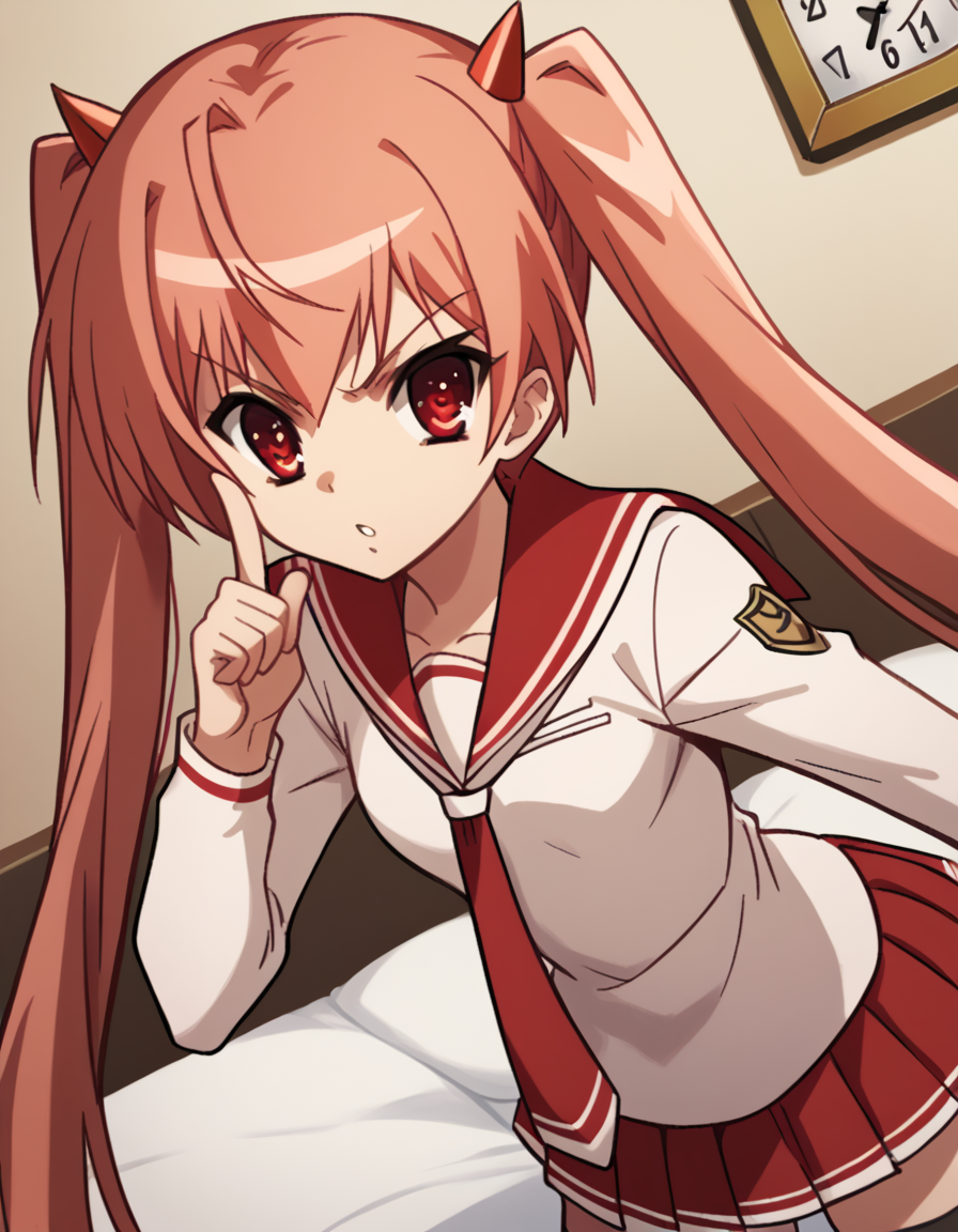 score_9, score_8_up, score_7_up, source_anime, <lora:aria-holmes-kanzaki-s1-ponyxl-lora-nochekaiser:1>, aria holmes kanzaki, long hair, red eyes, twintails, pink hair,, skirt, thighhighs, school uniform, serafuku, zettai ryouiki, white shirt, long sleeves, red sailor collar, necktie, red necktie, red skirt, pleated skirt,, bedroom, alarm clock, morning routine, yawning, stretching, on bed,, , <lora:finger-to-cheek-ponyxl-lora-nochekaiser:1>, finger to cheek, index finger raised, pointing at self, bedroom, parted lips, leaning forward, bent over, cowboy shot, dutch angle,, looking at viewer, solo,, dutch angle, cowboy shot