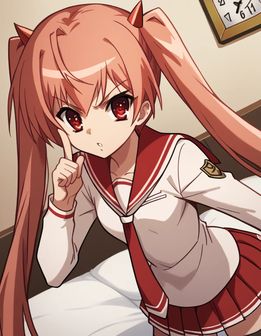 score_9, score_8_up, score_7_up, source_anime, <lora:aria-holmes-kanzaki-s1-ponyxl-lora-nochekaiser:1>, aria holmes kanzaki, long hair, red eyes, twintails, pink hair,, skirt, thighhighs, school uniform, serafuku, zettai ryouiki, white shirt, long sleeves, red sailor collar, necktie, red necktie, red skirt, pleated skirt,, bedroom, alarm clock, morning routine, yawning, stretching, on bed,, , <lora:finger-to-cheek-ponyxl-lora-nochekaiser:1>, finger to cheek, index finger raised, pointing at self, bedroom, parted lips, leaning forward, bent over, cowboy shot, dutch angle,, looking at viewer, solo,, dutch angle, cowboy shot