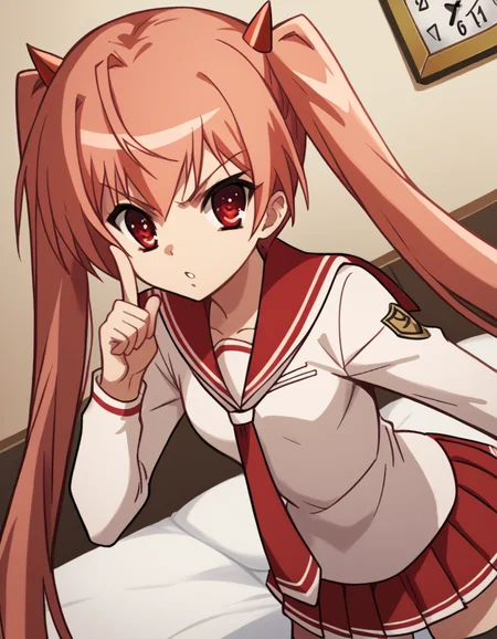 score_9, score_8_up, score_7_up, source_anime, <lora:aria-holmes-kanzaki-s1-ponyxl-lora-nochekaiser:1>, aria holmes kanzaki, long hair, red eyes, twintails, pink hair,, skirt, thighhighs, school uniform, serafuku, zettai ryouiki, white shirt, long sleeves, red sailor collar, necktie, red necktie, red skirt, pleated skirt,, bedroom, alarm clock, morning routine, yawning, stretching, on bed,, , <lora:finger-to-cheek-ponyxl-lora-nochekaiser:1>, finger to cheek, index finger raised, pointing at self, bedroom, parted lips, leaning forward, bent over, cowboy shot, dutch angle,, looking at viewer, solo,, dutch angle, cowboy shot
