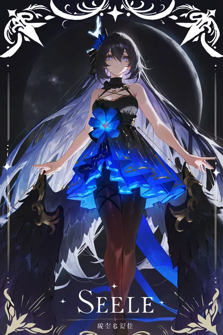 8k, masterpiece, best quality, amazing quality, very aesthetic, absurdres, (ultra-detailed), (high detailed skin), 
((artist:betabeet)), artist:john_kafka, artist:nixeu, artist:quasarcake, 
original, normal_quality, (by xilmo, by modare, by reoen:1.1), (hyperrealistic:1.1), (high_contrast:1.1), (holy_(\theme\):1.2), (card_\(theme\):1.1), solo, long hair, fur trim, large breasts, (black-color-scheme:1.1), character card, abstract sun, moon and stars, thick line, 
<lora:xierssyy-noob-Tanger-000010:0.8>, xier, yongye, second clothes, black sleeveless dress, black hair ornament, black low wings, 1girl, blue eyes, long hair, black hair, black pantyhose, bare shoulders, seele vollerei, bangs, 
<lora:neg101-000008:0.5>, murals, holy light, mural moon, simple black background, angels come, stars, card border, frame pattern,