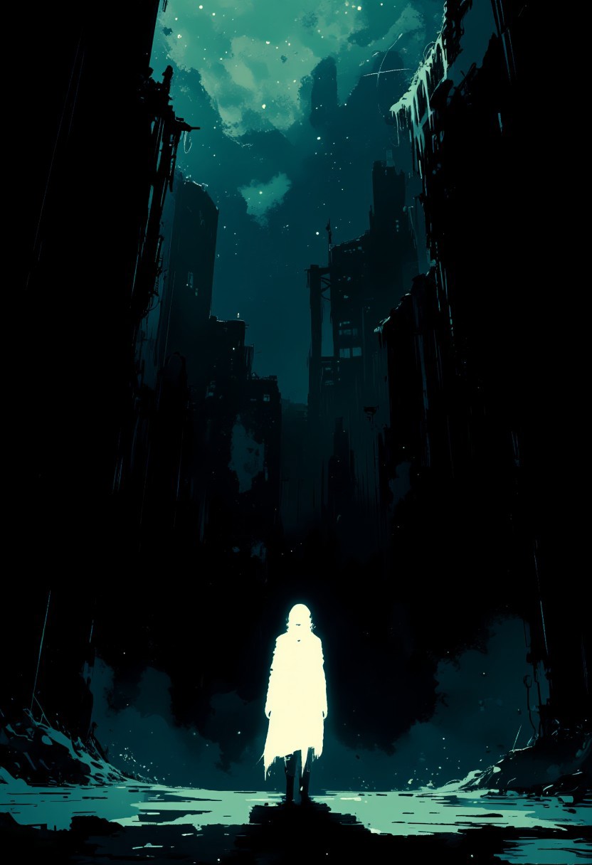 A stark, high-contrast vector illustration of a solitary white silhouette angled dynamically against a pitch-black void. The figure’s posture exudes quiet determination—head tilted downward, masterpiece, best quality, very aesthetic, absurdres, safe, Masterpiece,a beautiful underwater dystopian scenery with vines , liminal horror, darkness, small flies buzzing around,an scary image,light indigo and amber, dark white and turquoise, kimoicore, cybermysticsteampunk,Clean negative space and razor-thin gradients evoke achievement rising from struggle, balancing raw emotion with minimalist precision