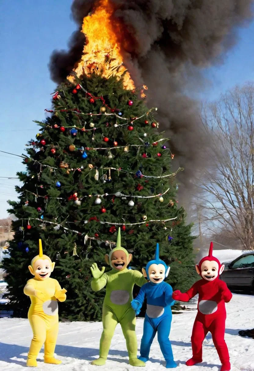Christmas tree is burning, (((Four bad teletubbies))), the (Yellow) one is fat and giant while the others teletubbies (green) and (red) and (blue) one are normal, bad faces as a gang, snow,  a Christmas tree is burning, urban riots during Christmas, black smoke, (Christmas decorations), ((Disorders)), ((anarchy)), People running away terrorized, Breaking stuff, white smoke bombs, ((((dirty street)))), ((((Christmas decorations)))), (Christmas decorations and Santa in the background), mistletoe mercenaries