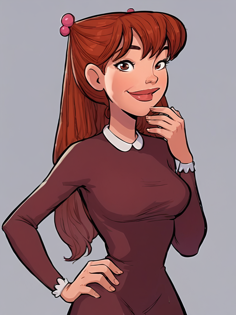 score_9_up,score_8_up,score_6,score_5,score_4,  julia, long hair, 1girl, brown hair, lips, solo, hair ornament, breasts, red hair, dress, simple background, hand up, smile,looking at viewer ,hand on hip, upper body,pov,     <lora:julia sdxl:1>