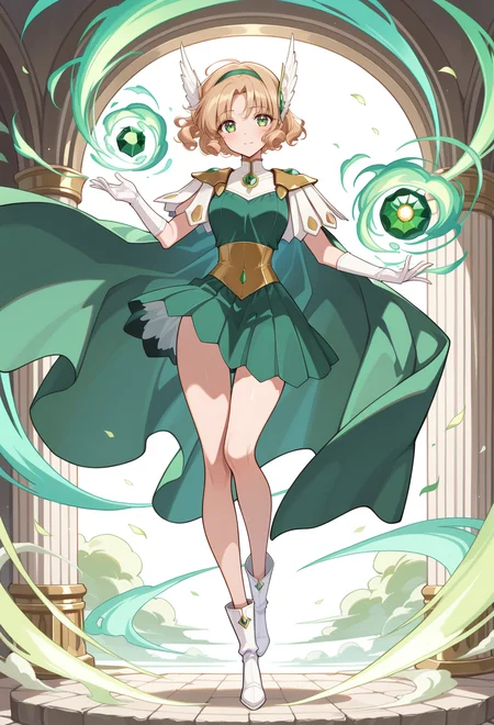 masterpiece, best quality, high quality, anime, solo, <lora:AEFuuillx:1>
AEFuuFinal, green eyes, light brown hair, curly hair, parted bangs, short hair, green hairband, hair ornament, head wings, wing hair ornament, armored dress, green cape, elbow gloves, gem, green dress, green gemstone, pauldrons, sleeveless,white gloves, white footwear,
light smile, full body, wind magic,