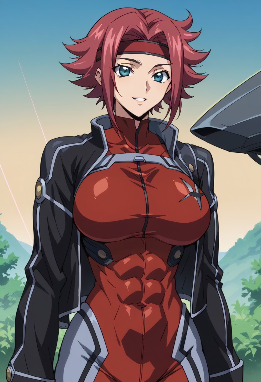 score_9, score_8_up, score_7_up, score_6_up, BREAK, 
1girl, solo, red hair, short hair, blue eyes, large breasts, Black jacket, red headband, body suit, pilot suit,
torso, beautiful face, (revealing clothes), (tight outfit: 1.3), tall girl, sexy smile, abs, very fit, muscles, toned, huge breasts, slut, whore, round breasts, breasts together,