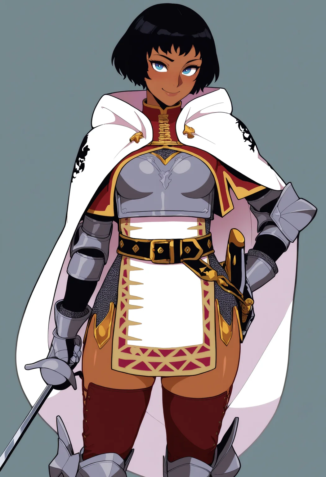 masterpiece, best quality, very aesthetic, absurdres,
1girl, mercedesmarten black hair, short hair, blue eyes, dark skin,
armor, cape, belt, breastplate, greaves, pelvic curtain, scabbard, shoulder armor, thighhighs,
holding a sword,
smile,
looking at viewer, solo, (simple background, white background:1.3), <lora:MercedesMartenNoobXL_byKonan:1>