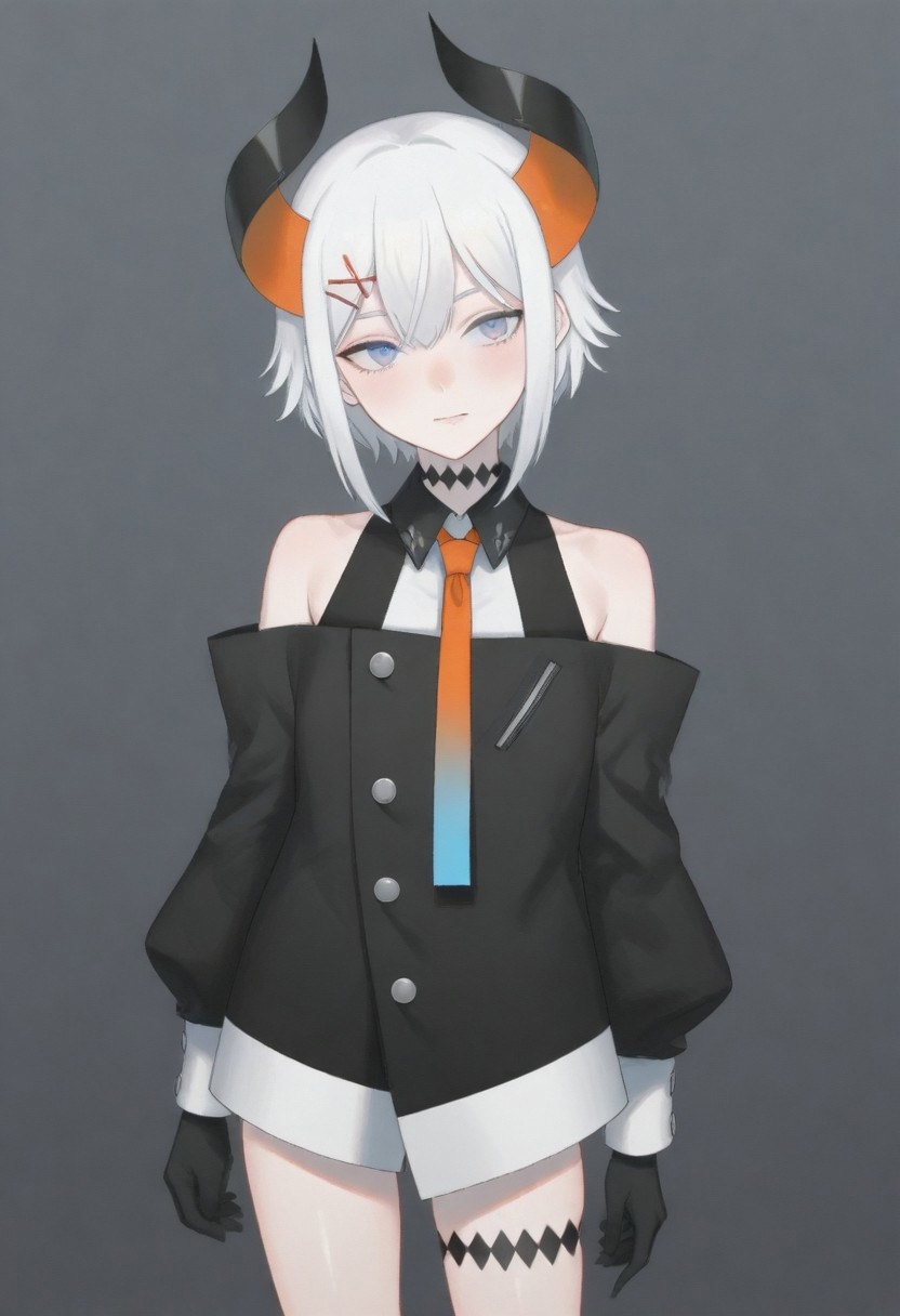 masterpiece, best quality, amazing quality,,, shiny skin,,,,,,,,nijilevi,,blue eyes,white hair,horn,pail skin,short hair,hairclip,nijilevicos,collared shirt,bare shoulder,gradient necktie,puffy long sleeves,white cuffs,black gloves,single thigh strap,