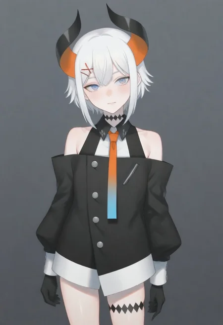 masterpiece, best quality, amazing quality,,, shiny skin,,,,,,,,nijilevi,,blue eyes,white hair,horn,pail skin,short hair,hairclip,nijilevicos,collared shirt,bare shoulder,gradient necktie,puffy long sleeves,white cuffs,black gloves,single thigh strap,