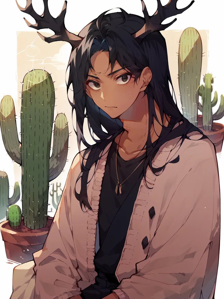 score_9, score_8_up, score_7_up, score_6_up, score_5_up, <lora:ch33s3XLP:1> ch33s3, 1boy, long hair, black hair, <lora:4ntl3rsXLP:1> 4ntl3rs, antlers, solo, cactus, tan skin, stubble,