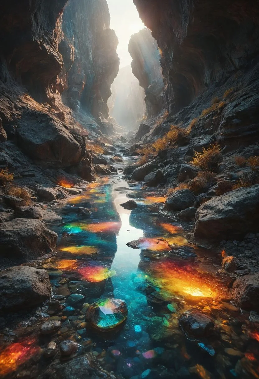 Giant alien canyon made with crystalline carapace, iridescence color, fine reflection, water on the floor, reflections, intricate complexity details, parts made with crystalline rainbow colors, giant blacks stones, myst, volumetric lighting, rim light,
Wide range of colors., fire and ice, Dramatic,Dynamic,Cinematic,Sharp details
Insane quality. Insane resolution. Insane details. Masterpiece. 32k resolution.