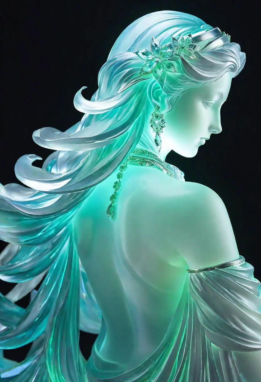 Close Up, Glass Memory Statue, Clear Matte, Phosphorous, Luminescent, Flux, Top Quality, Extremely Detailed, Impressive, Captivating.