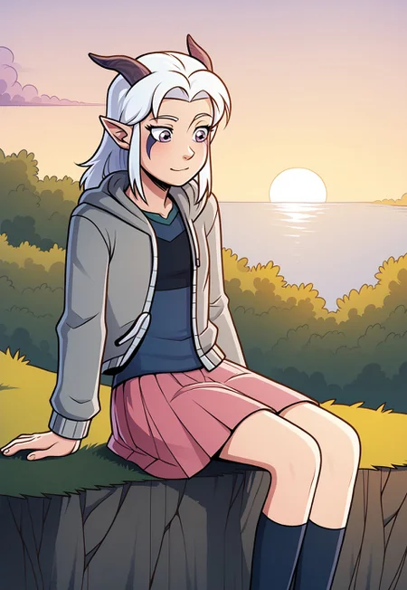 1girl, solo, Rayla, White Hair, Elf Ears, RayHorns, RayFacepaint, Colored Skin, Four Fingered Hand, grey hoodie, blue shirt, pink skirt, pleated skirt, denim jacket, sunset, sitting on a cliff edge, trees