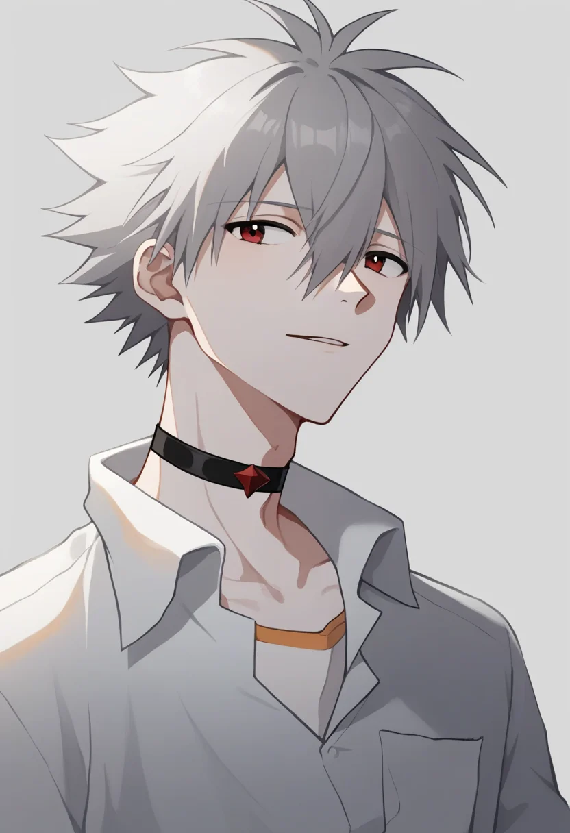 score_9,score_8_up,score_7_up,<lora:eva_pony:1>,1boy, nagisa_kaworu, solo, highres, black_choker, albino, tokyo-3_middle_school_uniform, :3, simple_background, male_focus, white_shirt