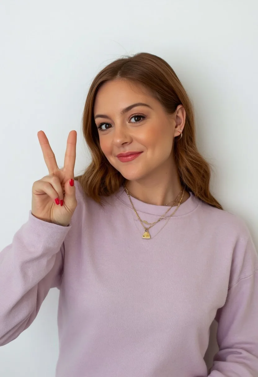 The image is a high-resolution photograph of an amateur actress wearing a long-sleeved top in front of a plain white background. She is casually giving the peace sign. The image captures her from the shoulders up, providing an intimate, close-up view of her face and upper body. She has a fit womanly physique and is slim and slender with medium-sized breasts. The photo is impressively detailed.