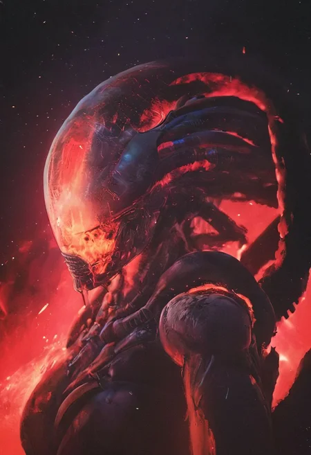 CloseUp, Profile, xenomorph Breaks through spacesuit helmet from INSIDE,  Center a cool sss Arcee in emphasis lines infront a Background of a explosion of infinity colorful bold lines in universe, floating planets, synthwave sun made of lines in red, high contrast
deep Blacks, very detailed, atmospheric haze, Film grain, cinematic film still, shallow depth of field, highly detailed, high budget, cinemascope, moody, epic, OverallDetail, 2000s vintage RAW photo, photorealistic, candid camera, color graded cinematic, eye catchlights, atmospheric lighting, imperfections, natural, shallow dof