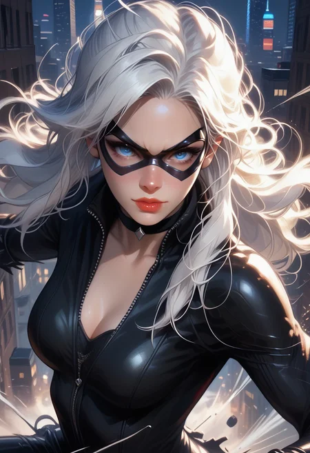 <lora:BlackCatpony10:1>,
score_9,score_8_up,score_7_up,
BlackCat,1girl,solo,breasts,long hair,mask,bodysuit,cleavage,white hair,fur trim,blue eyes,medium breasts,black_cat_\(marvel\),gloves,domino mask,lipstick,looking at viewer,city,black bodysuit,claws,makeup,lips,choker,night,full body,
Jump from a high place to the ground,support the ground with one hand,the claws and the ground are sparking,landing,(motion_lines:1.5),(motion_blur:1.3),(speed_lines:1.5),The wind messed up her hair,