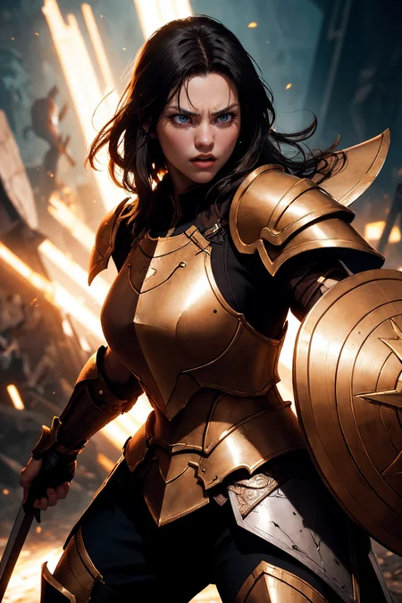 an illustration of a female paladin adorned in holy armor, wielding a holy shield, furrowed brow, fighting stance,
masterpiece, best quality, intricate detail, high background detail, high contrast, <lora:emotion_angry_slider_v1:1> raytracing, <lora:backlight_slider_v10:-1> <lora:contrast_slider_v10:2>