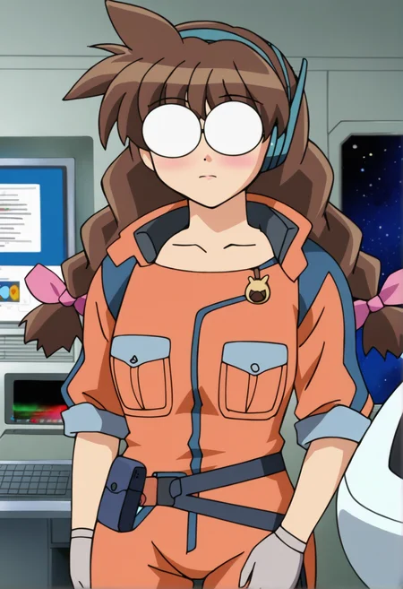 score_9_up, source_anime, parfet_balblair, 1girl, solo. long hair, bangs, brown hair,  orange jumpsuit.  blush.   collarbone, jacket, braid, hair bow, glasses, gloves. belt, indoors, twin braids, pink bow, pocket, monitor, jumpsuit, opaque glasses, space. indoors. computer. monitor.