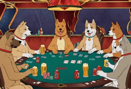 Flat 2D Art, <lora:HeavyMetalStyle-000009:1.2>,heavymetalstyle,of,Dogs sitting around a poker table with beer bottles and chips. Their hands are holding cards.,, simple flat color, 2-dimensional, Flat 2D Art Style