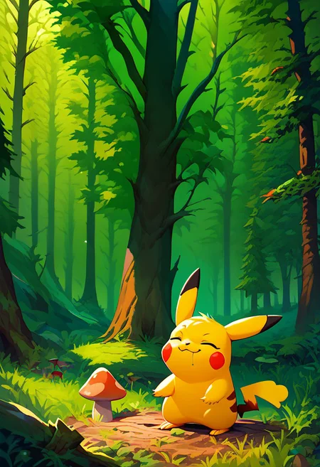 score_9, score_8_up, score_7_up, vivid bright colors,
zzPikachu, day, drooling, closed eyes, forest, grass, killert 0401, moss, mushroom, nature, outdoors, standing, smile, tree stump