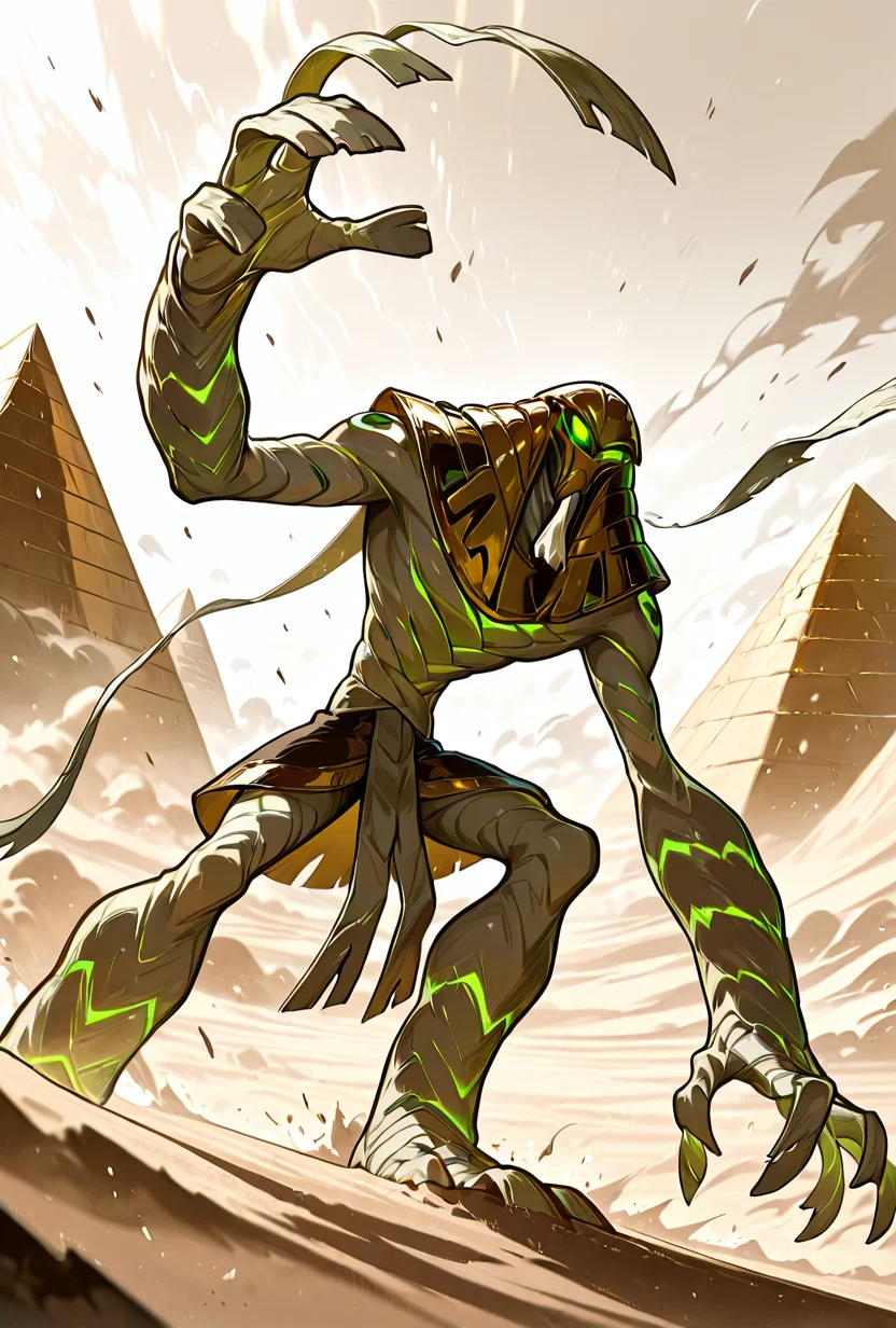<lora:snareoh-07:1> snareoh, solo, male focus, no humans, 1boy, glowing eyes, green eyes, brown helmet, monster, mask, egyptian clothes,mummy bandages, mummy, massive hands,  Cartoon, dynamic pose, desert, sand storm, blowing bandages, egypt, pyramids, masterpiece, best quality, amazing quality, very aesthetic, absurdres, newest,